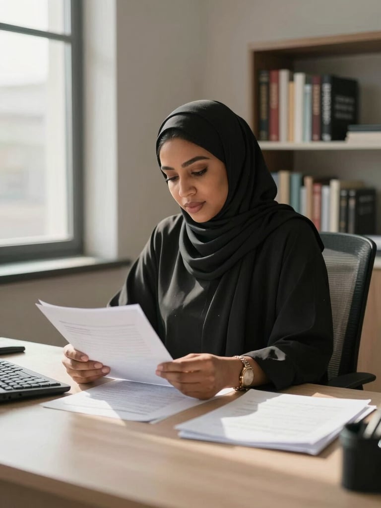 Environmental medium shot, Fatima Abdul Habeeb seated at a wide working desk in a daylit office, leaning slightly forward reviewing documents, natural window light from the left casting clean soft shadows, confident and unhurried bearing, neutral professional surroundings with bookshelves visible behind her