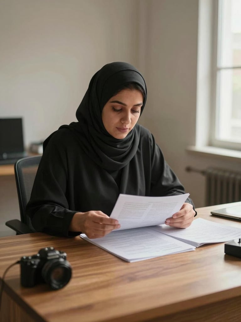 Medium environmental shot, Fatima seated at a wide wooden desk in a naturally lit workspace, reviewing printed documents with focused attention, warm window light from the right side, calm and unhurried bearing, neutral background wall visible