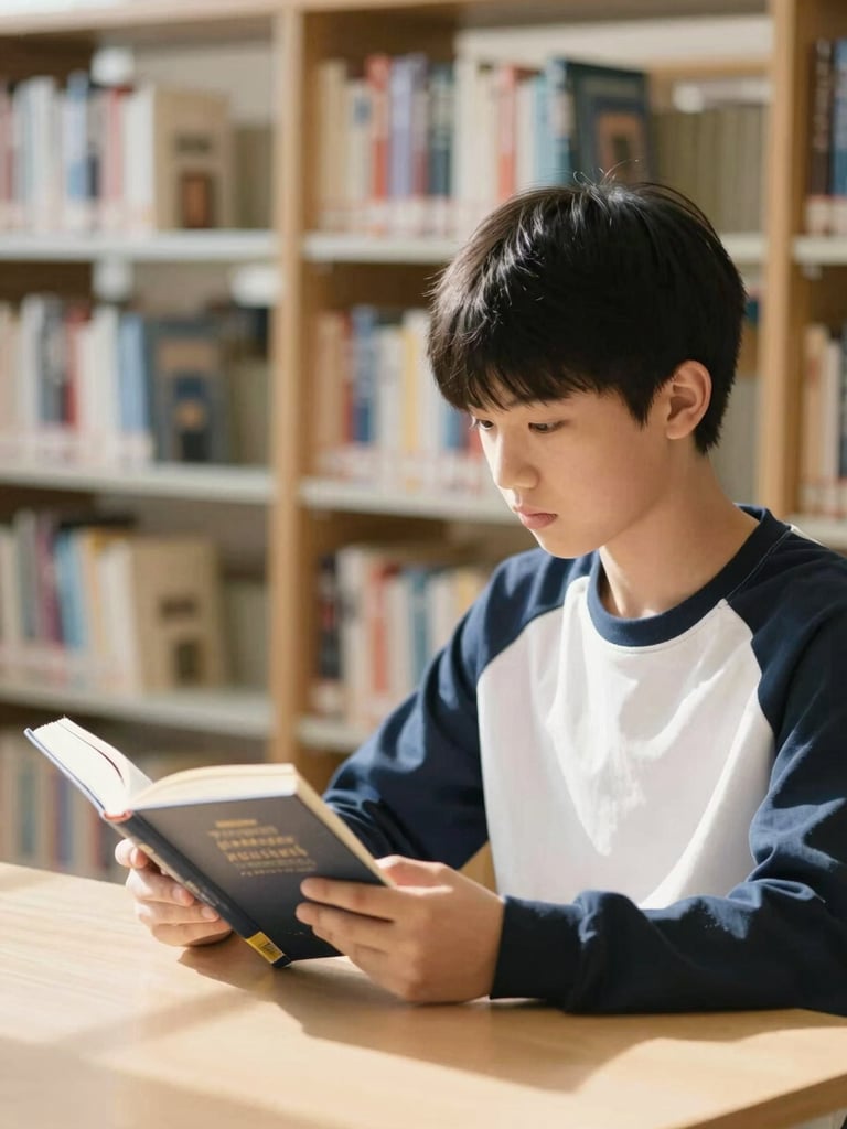 Focused student reading a book in the bright school library, warm natural daylight, bookshelves in the background