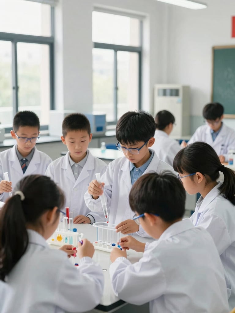 Hands-on science experiment in a bright school laboratory, students in clean white lab coats observing a chemical reaction, natural daylight streaming through large windows, modern equipment, shallow depth of field.