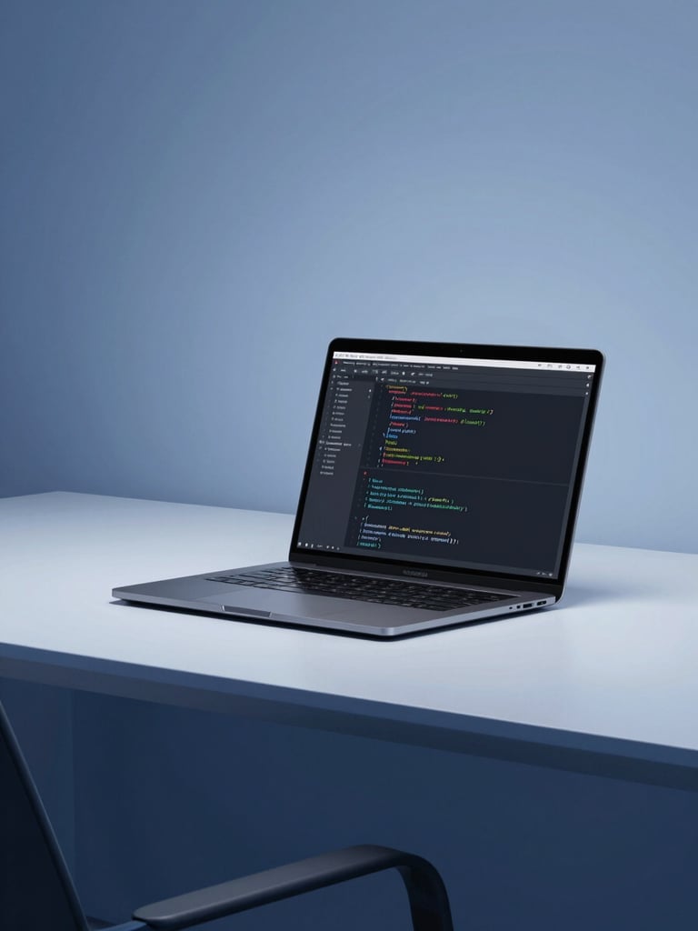 Clean minimalist workspace with a laptop displaying code, sleek corporate tech photography, cool blue studio lighting, sharp high-contrast details, minimalist composition, 50mm lens