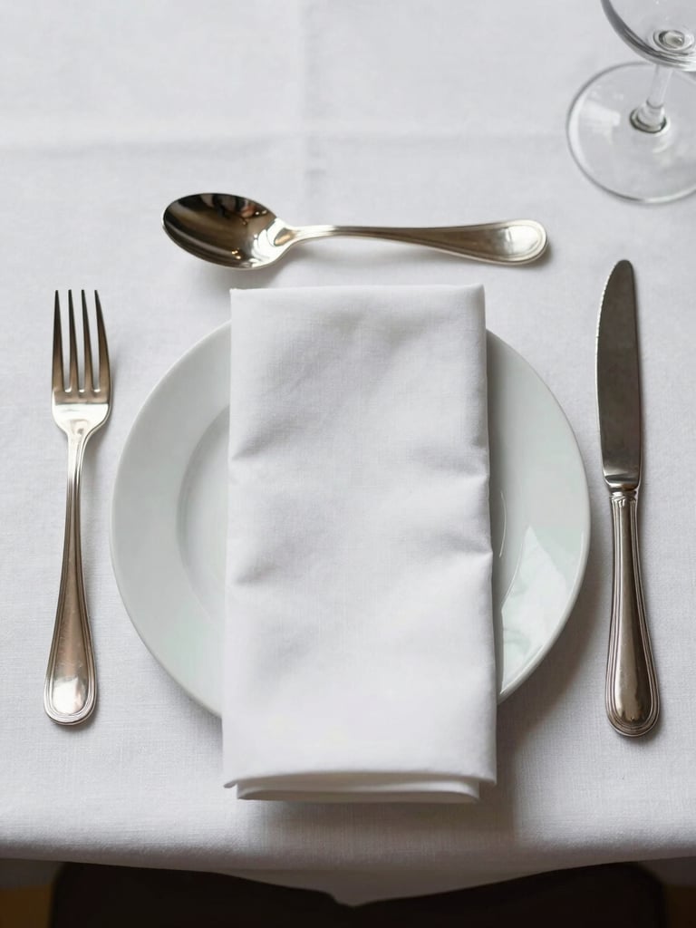 Overhead close study of a formal place setting on a white linen tablecloth — bone china plate, polished silver cutlery aligned precisely, a single folded napkin, shadowless studio light, no food, no people, geometry of the arrangement is the subject