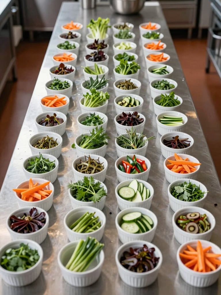 Wide overhead view of a professional kitchen counter mid-preparation — precisely arranged mise en place, white porcelain ramekins, fresh herbs and trimmed vegetables laid out in ordered rows on a stainless surface, bright north-facing daylight from the left, no staff visible, composition centred on the geometry of preparation