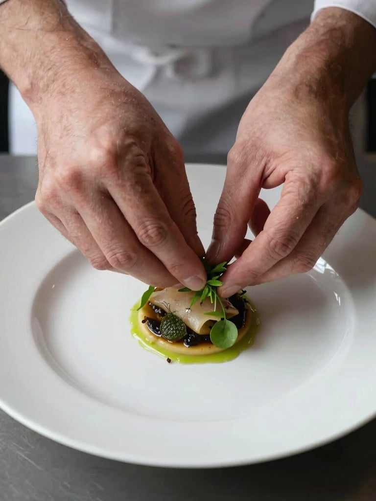 Overhead close-up of a chef's hands placing a garnish on a plated dish, white bone china, matte surface, natural north-facing daylight, surgical precision visible in the placement