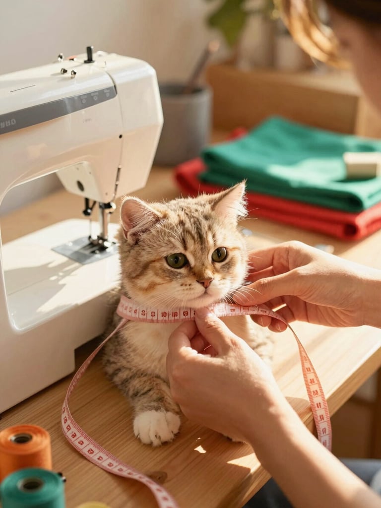 A cozy family workshop scene, hands carefully measuring a cute fluffy cat with a soft tape measure, warm golden light, sewing machine and colorful fabrics in the background