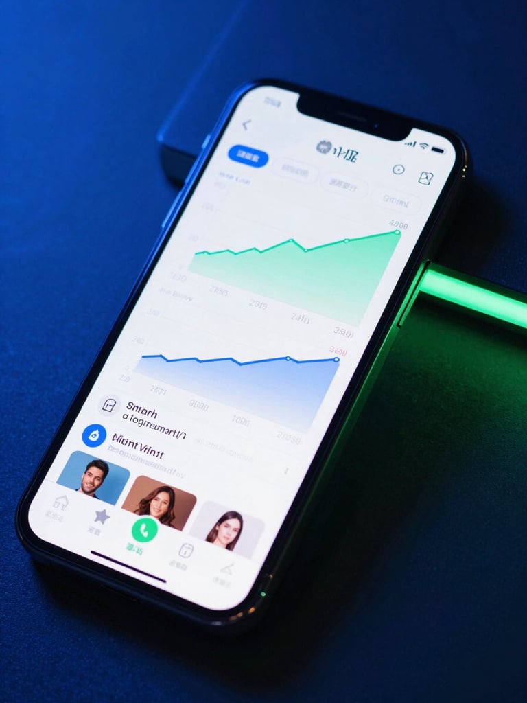 Close-up of a modern smartphone displaying a vibrant social media feed with growth charts, illuminated by cool blue and neon green ambient lighting, high contrast, sharp focus, 35mm lens