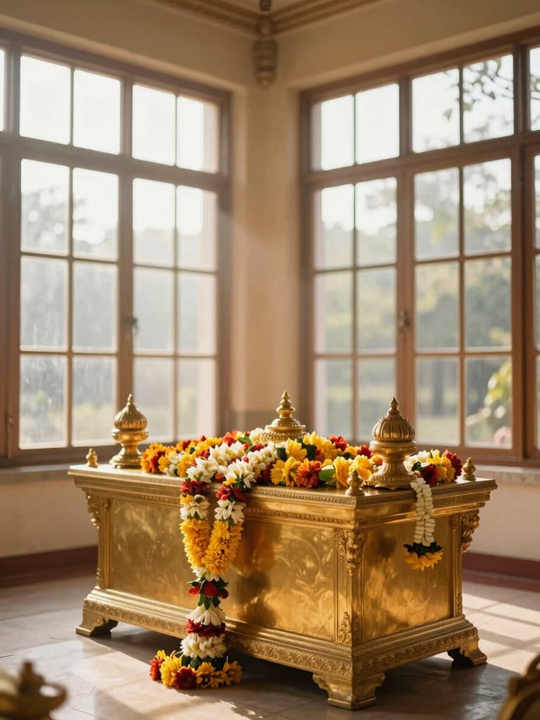 A peaceful temple room with a golden altar, fresh flower garlands, soft morning sunlight filtering through high windows, warm editorial photography.