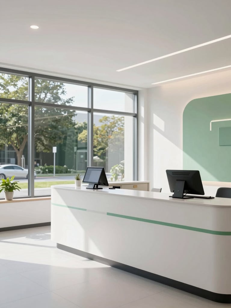 Wide view of a clean modern aesthetic clinic reception area, natural daylight through large windows, a sleek booking screen visible on the front desk counter, minimal white and green interior, no people