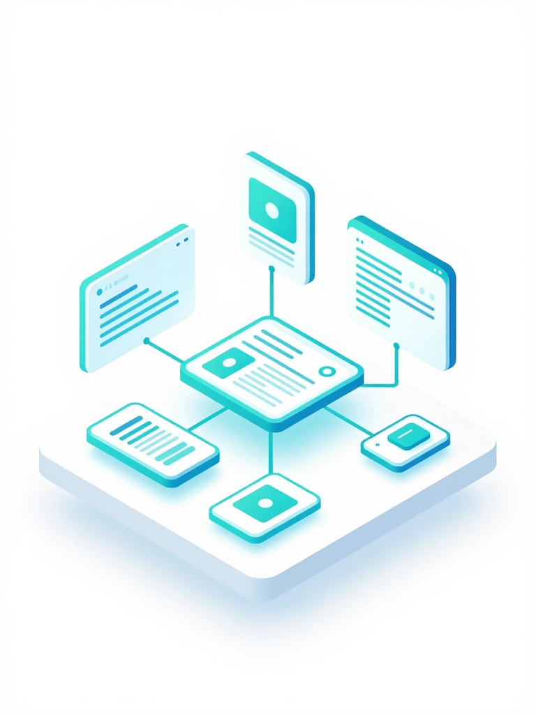 An isometric 3D vector illustration of modular digital interface panels floating above a clean white surface, glowing cyan and teal connection lines linking app wireframes, crisp digital rendering with generous negative space.