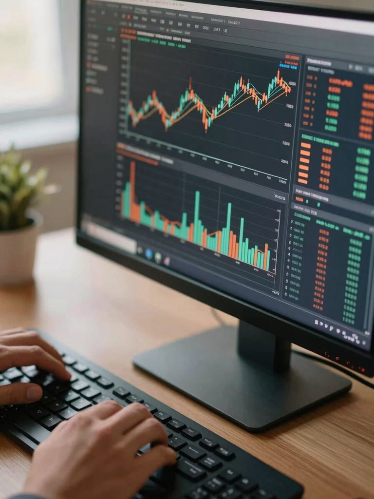 Close-up overhead shot of a monitor displaying an operational dashboard with financial KPIs and data flow charts, a hand resting on the keyboard mid-annotation, warm natural office light from the left, shallow depth of field