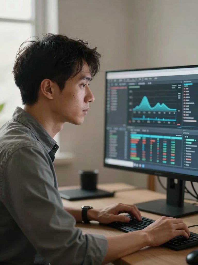 Close portrait of a man in his mid-thirties focused on a monitor displaying a data dashboard with charts and metrics, natural office light, hands on keyboard, shallow focus on the screen, warm neutral background