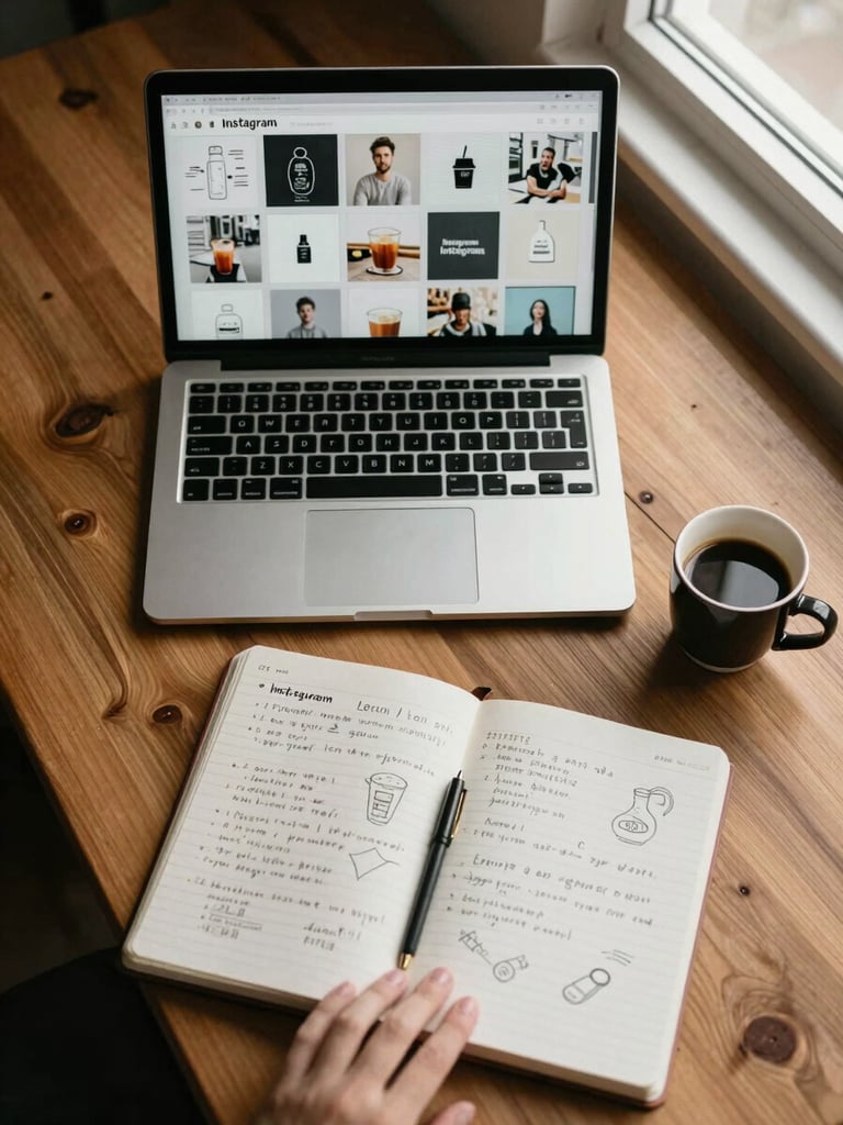 Overhead flat-lay on a wooden desk: a laptop open to an Instagram grid draft, a handwritten planning notebook with pencil sketches, a small espresso cup to the side, warm window light from the upper right, no faces, hands resting on the notebook visible at the bottom edge of frame