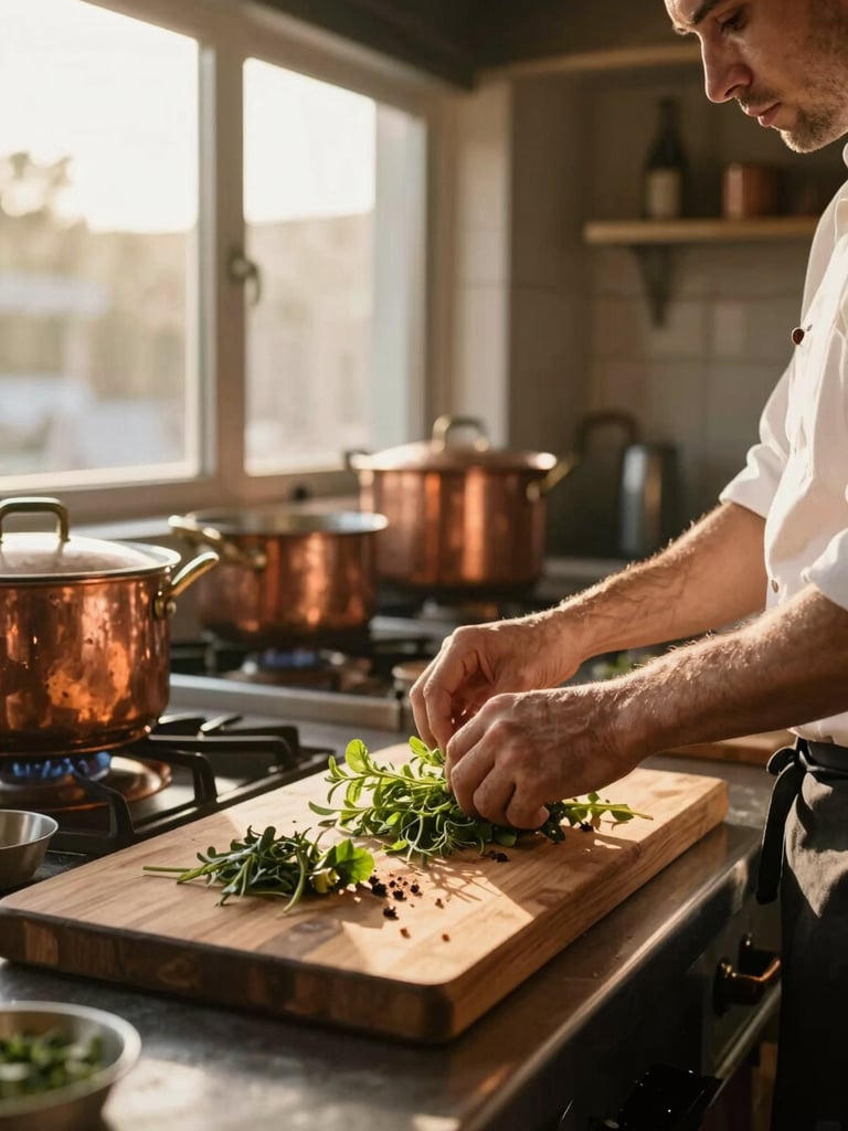 Wide environmental shot of a small restaurant prep kitchen, viewed from the side — a cook's hands arranging herbs on a wooden board under deep golden afternoon window light, copper pots softly out of focus in the background, warm amber tones throughout, natural and unhurried