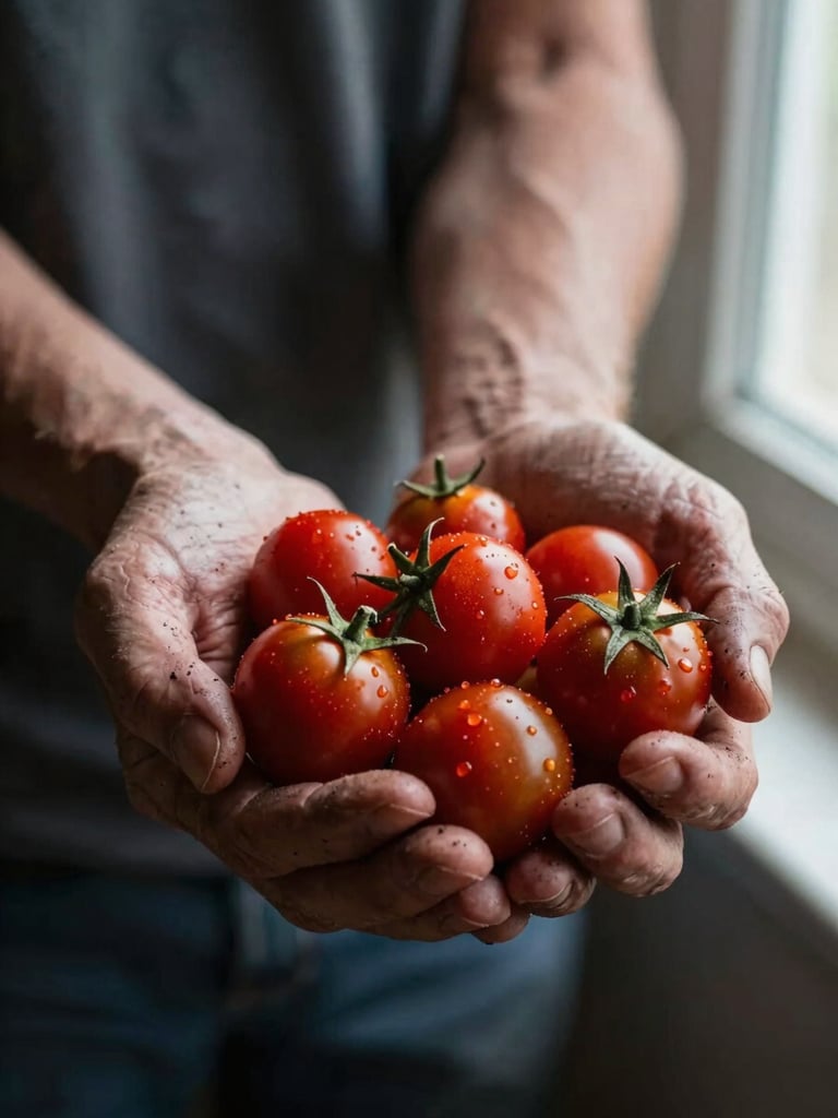 Close-up portrait of weathered hands cupping a cluster of freshly harvested cherry tomatoes, deep red skins catching soft window light from the right, dark soil visible on the knuckles, shallow depth of field, warm and textural