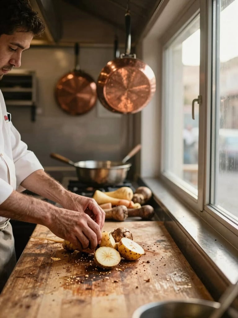 Wide-angle view from inside a narrow restaurant kitchen, a cook's hands arranging root vegetables on a worn wooden prep surface in the left foreground, copper pans hanging in soft focus behind, warm golden window light cutting across the counter from the right, documentary texture, no people facing camera