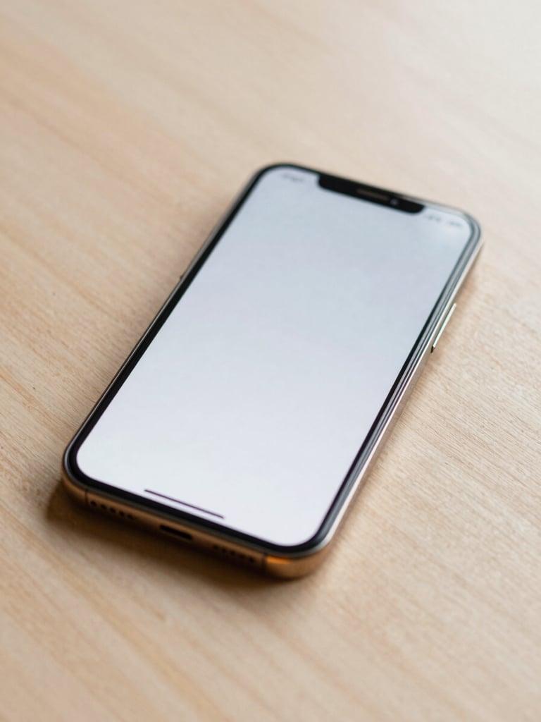 Close-up of an Android phone lying face-up on a light wooden desk, the screen showing a clean single-color app interface with amber accents, soft diffused studio light, no hands visible, calm and still