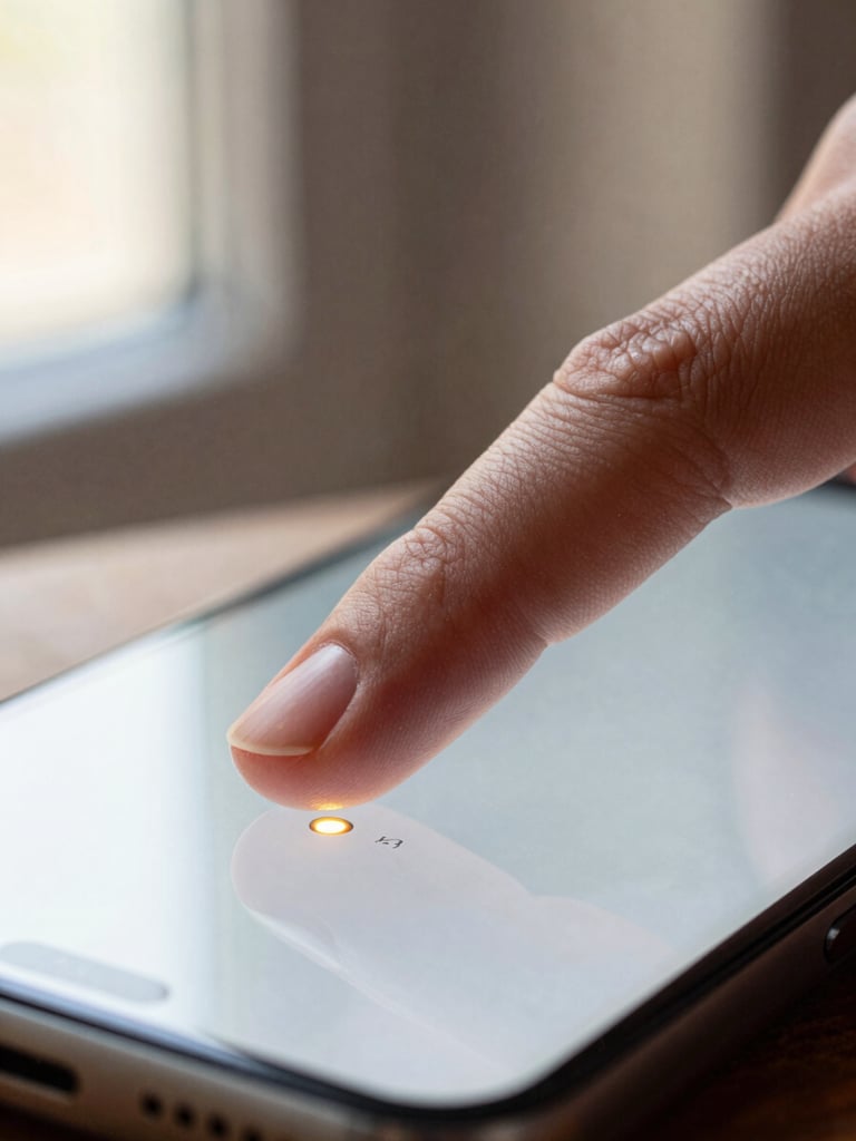 Extreme close-up of a thumb resting on an Android phone screen, a single amber-highlighted UI element visible under the fingertip, soft natural window light from the left, warm shallow focus on the glass surface