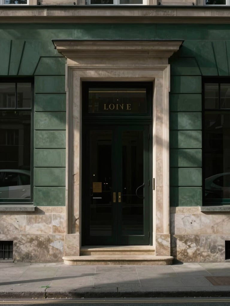 Subdued architectural detail of a private bank entrance, long shadows on stone, soft indirect natural light, minimal luxury, 35mm