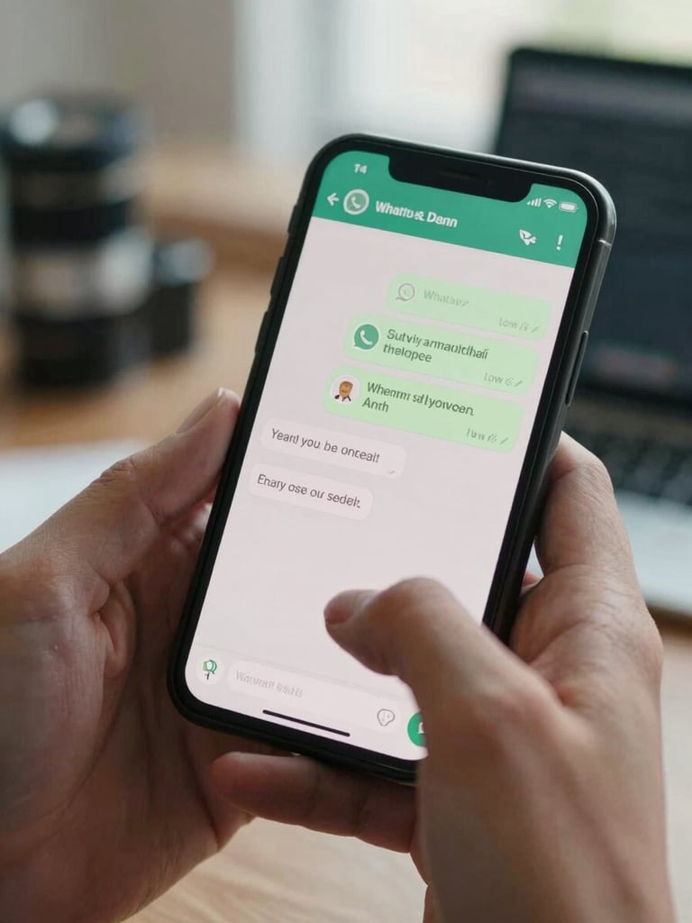Extreme close-up of hands holding a phone displaying a WhatsApp conversation with payment confirmation details on screen, natural office ambient light, documentary framing, no faces visible
