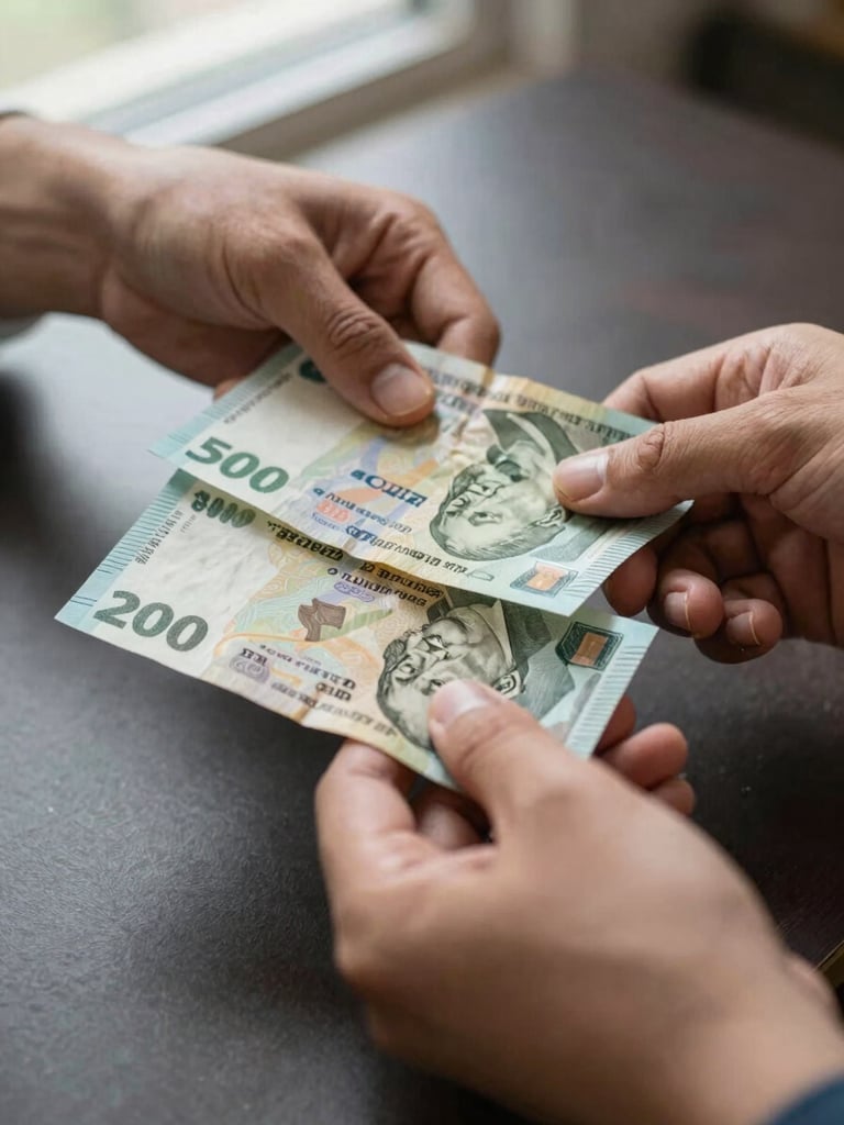 Extreme close-up of two hands exchanging folded banknotes in different currencies over a dark desk surface, natural side light from a nearby window, documentary framing, no faces visible