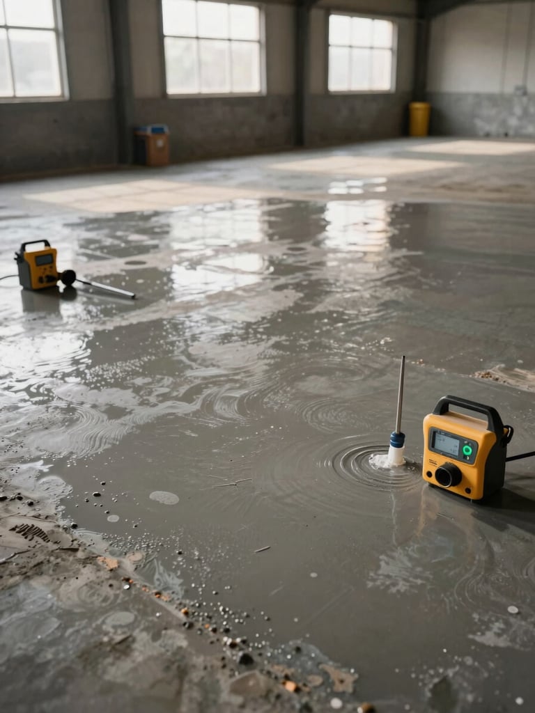 Wide environmental shot of a warehouse concrete floor being prepared for epoxy application, tools and moisture testing equipment visible on the slab surface, warm overcast daylight from high windows, no workers' faces, overhead angle showing substrate texture and prep marks