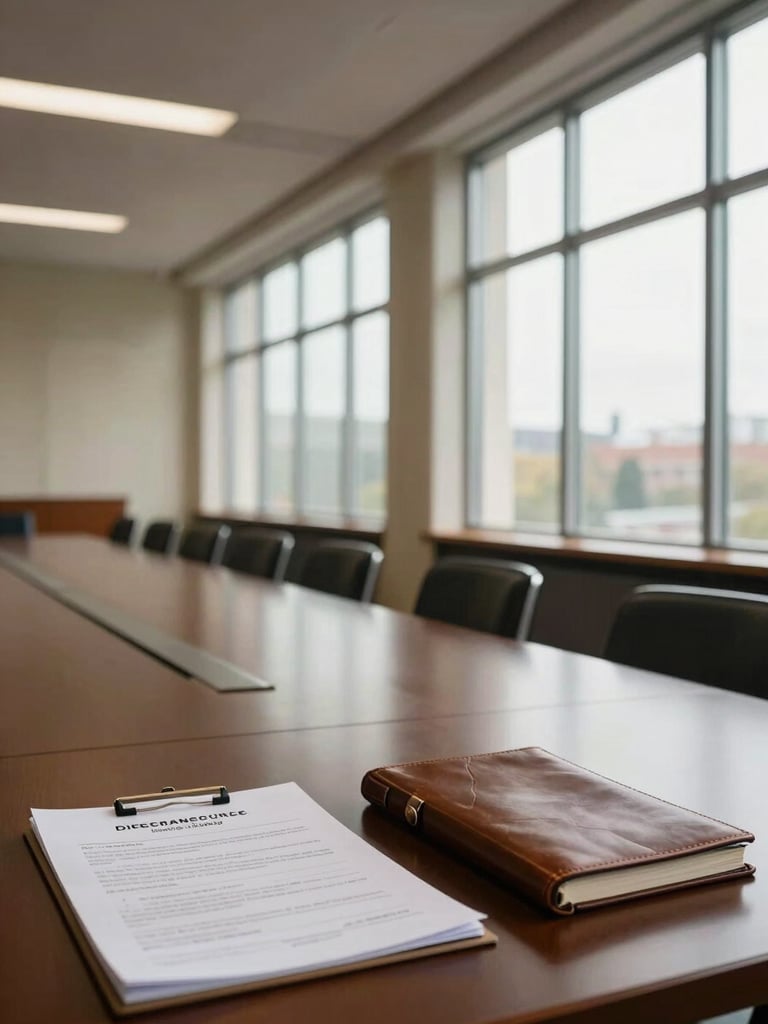 Wide architectural interior of an empty institutional boardroom, floor-to-ceiling windows to the right, warm north-facing daylight casting even light across a long dark table, governance documents and a closed leather folio in the foreground, extreme depth of field, studied and deliberate framing