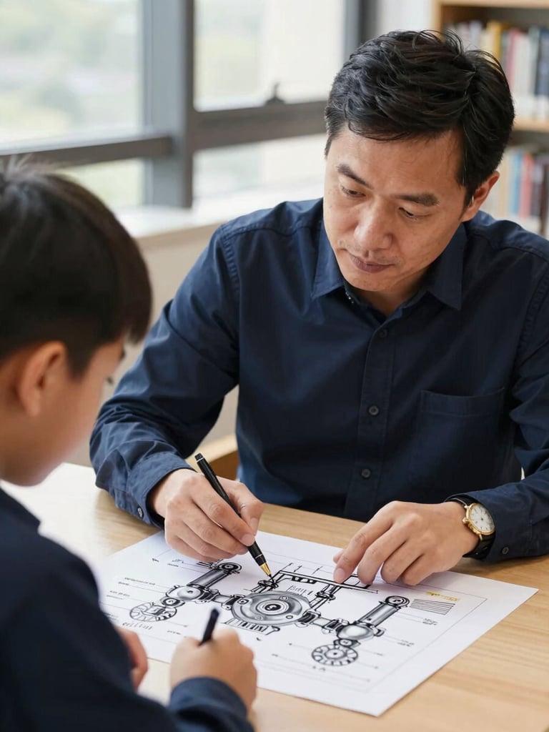A close-up of a mentor explaining a complex mechanical robotics diagram to a focused student, natural library daylight, 35mm editorial
