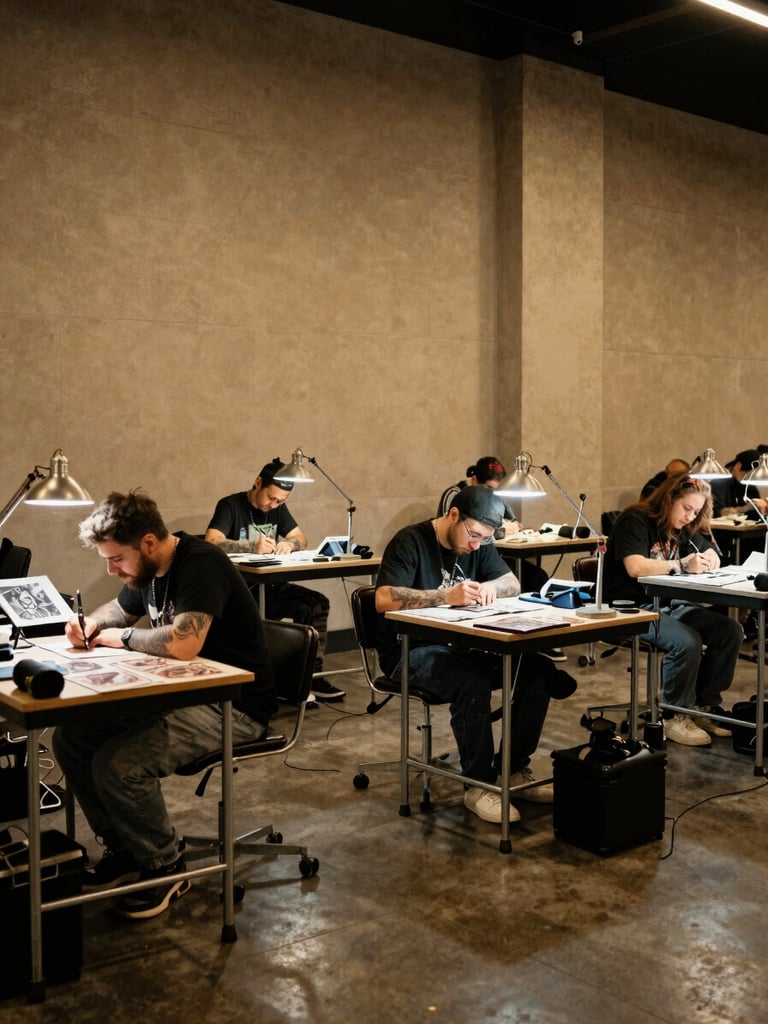 Wide-angle interior of a tattoo convention hall in warm tungsten light, artists at work stations in the midground, a client leaning over a portfolio on the left, high contrast shadows defining the workspace — no crowd energy, pure craft atmosphere