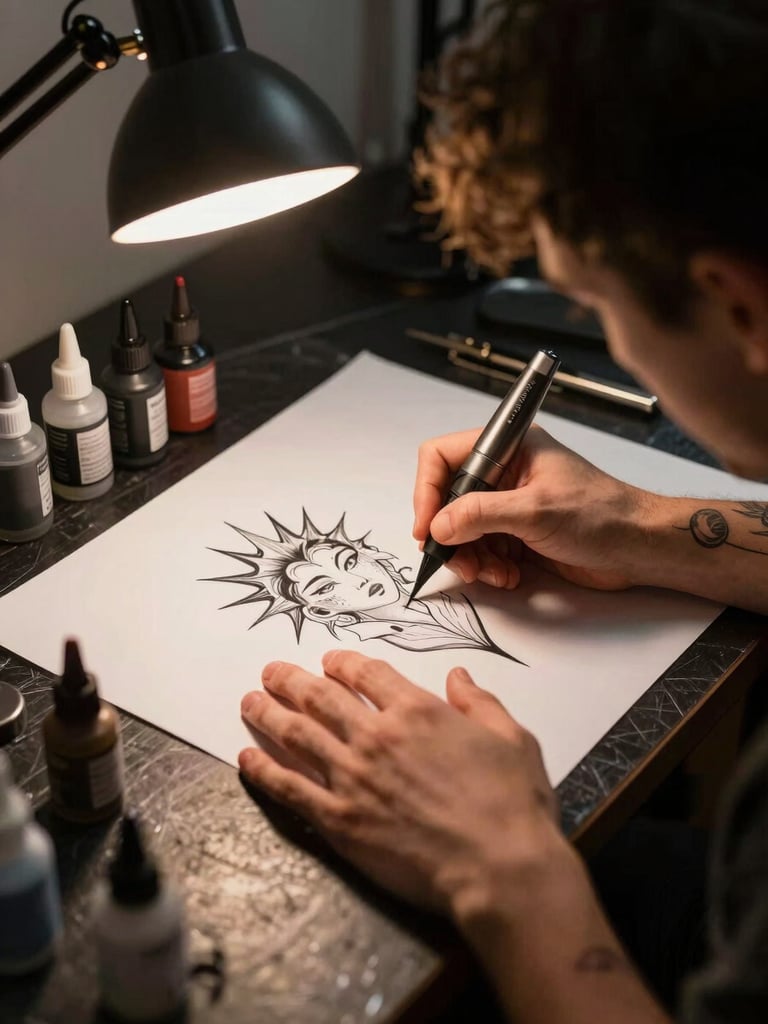 Close-up overhead view of a tattoo artist and client reviewing a hand-drawn flash design on a workstation table, warm tungsten lamp illuminating the paper, ink pots and machine visible at the edge, high contrast shadows