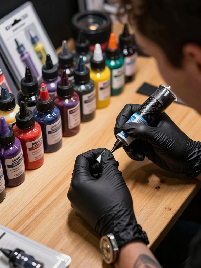 Close-up overhead shot of a vendor station at a tattoo convention — ink bottles in rows, needle cartridge packaging, a tattooist's gloved hand selecting a tube, tungsten lamp casting warm shadows on the wood surface