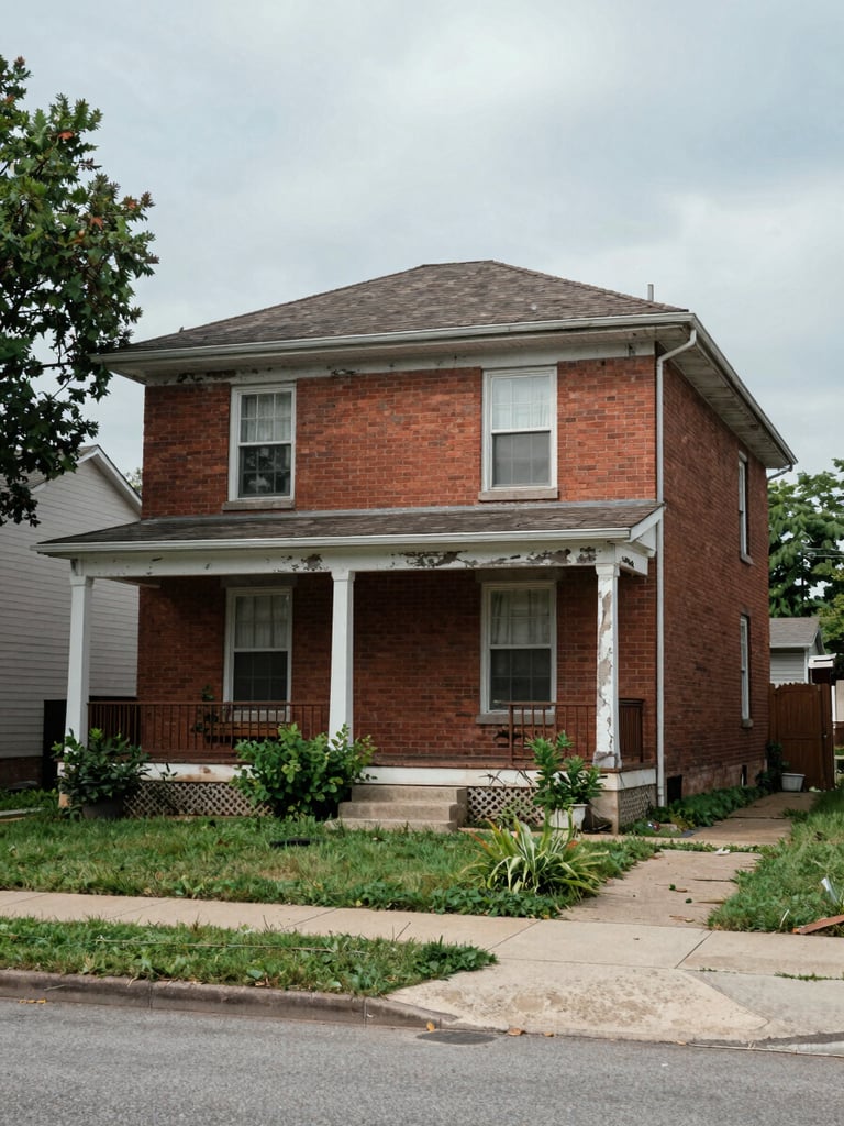 Wide documentary exterior of a worn two-story brick house on a quiet residential street, overcast natural daylight, peeling paint on the trim, overgrown front yard, honest neighborhood context visible—no staging, no glamour