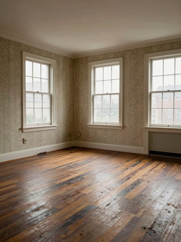 Interior wide shot of an empty room with worn hardwood floors and dated wallpaper, natural overcast light through uncurtained windows, architectural bones visible, honest documentary framing—no staging, no furniture
