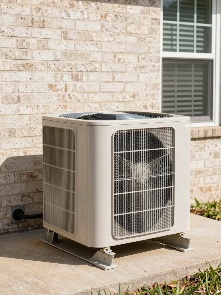 A clean modern outdoor air conditioning condenser unit installed next to a neat Oklahoma brick home, bright daylight, sharp focus