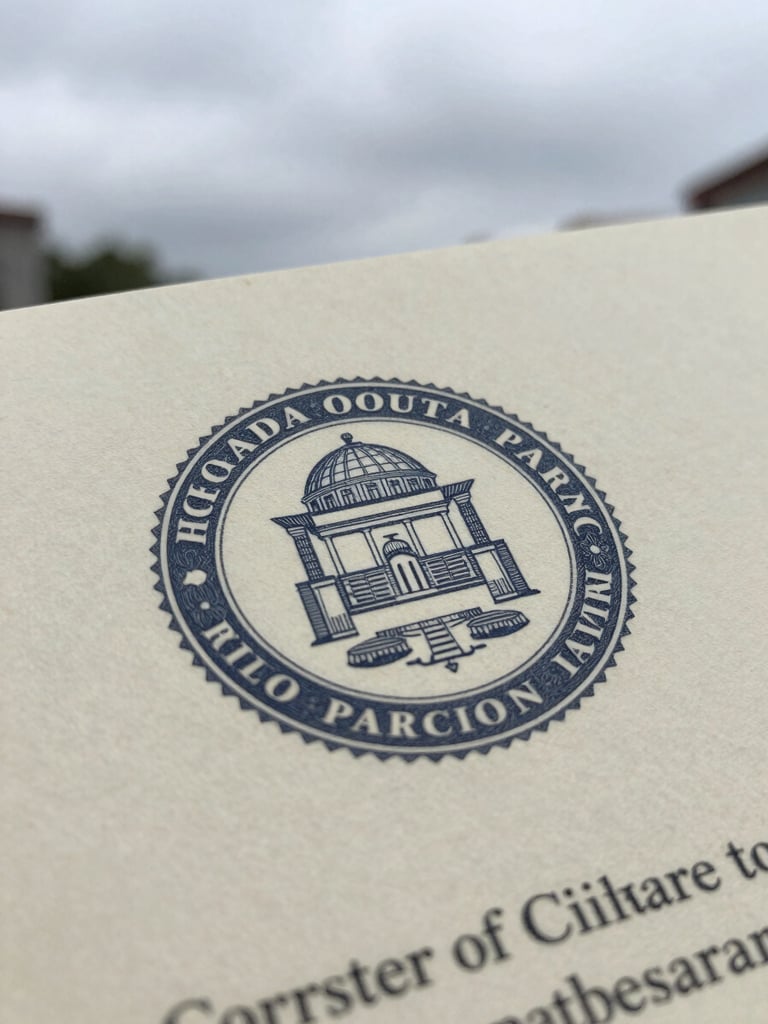 Macro close-up of a stamped corporate certificate of incorporation with official seal, resting on a heavy cream paper document, natural overcast daylight, sharp focus