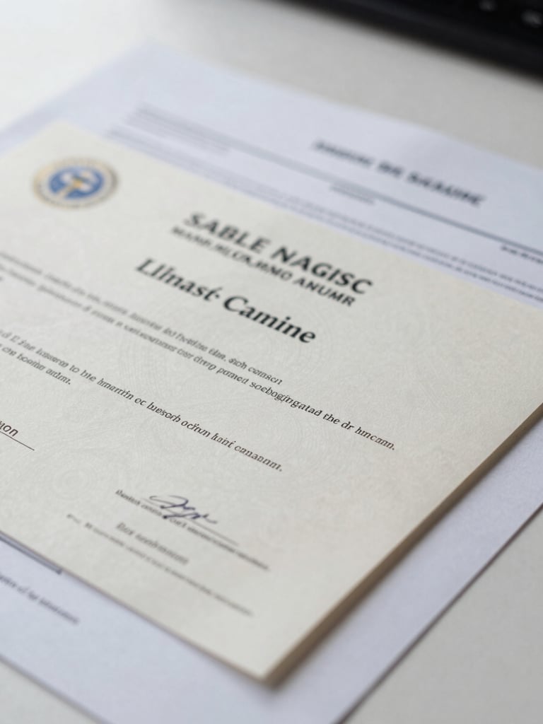 Macro shot of official stamped corporate certificates and filed documents on a clean desk, overcast daylight, muted tones