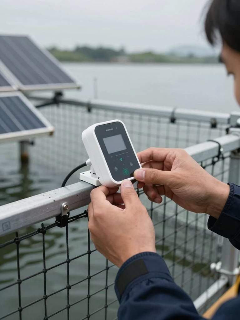 Close-up ground-level shot of a technician's hands adjusting a smart monitoring sensor mounted on a fish cage frame, shallow water and solar panel edges visible in the background, overcast natural daylight, documentary framing
