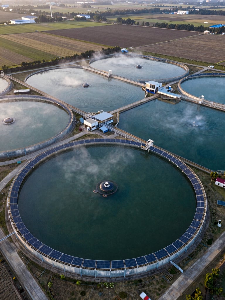 Aerial wide shot looking down at a large inland biofloc pond facility at dawn, circular tanks arranged in a grid pattern with solar panels mounted on peripheral frames, mist rising from water surface, deep blue-green tones, vast agricultural landscape surrounding the facility