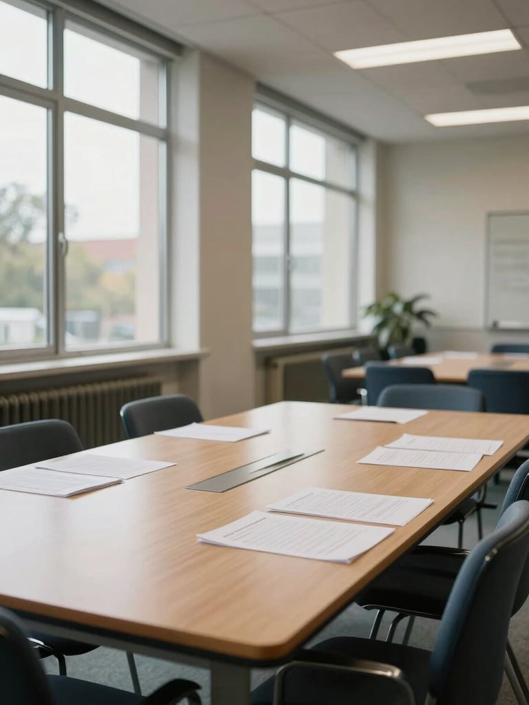 Wide environmental shot of a cooperative office interior, natural daylight from tall windows falling across an empty meeting table with documents laid flat, chairs arranged around it, no people, clean institutional space with a calm and factual mood
