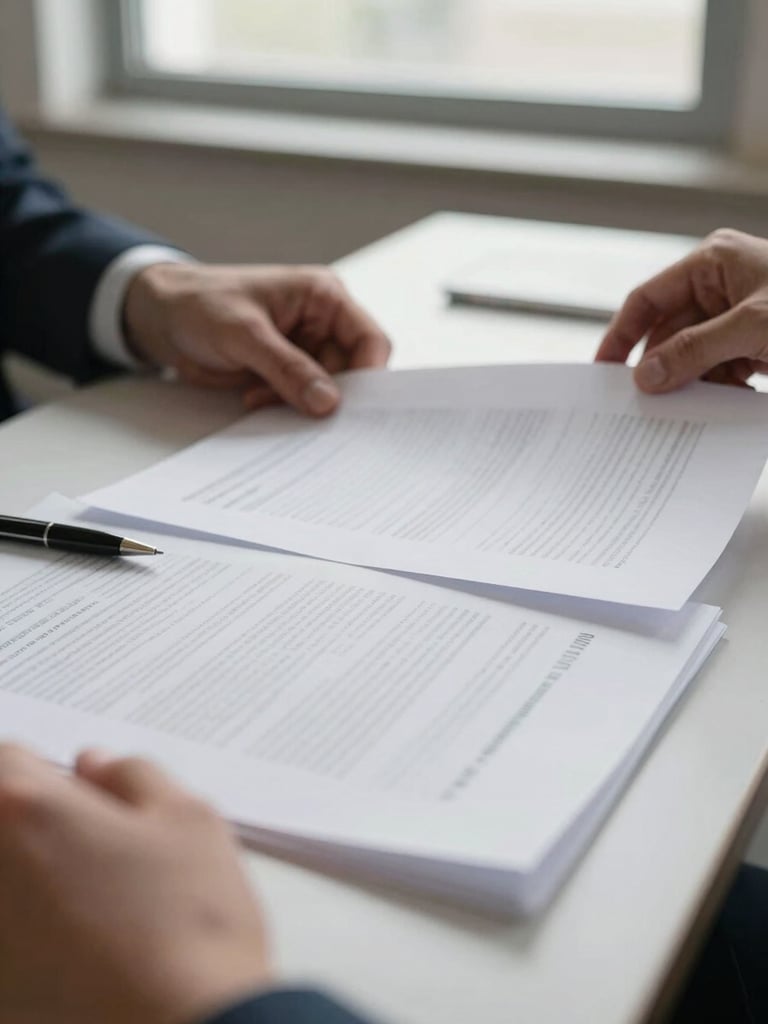 Close-up of a pair of hands reviewing printed documents on a desk under diffused window light, a pen resting beside the papers, no faces visible, factual and documentary mood