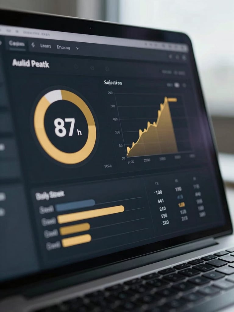 Close-up of a dark-mode analytics dashboard on a laptop screen, showing a circular percentile ring at 87th percentile in gold, a subject-wise accuracy bar chart, and a daily streak counter — overcast office lighting, screen glow dominant, laptop edge visible at bottom, no face visible
