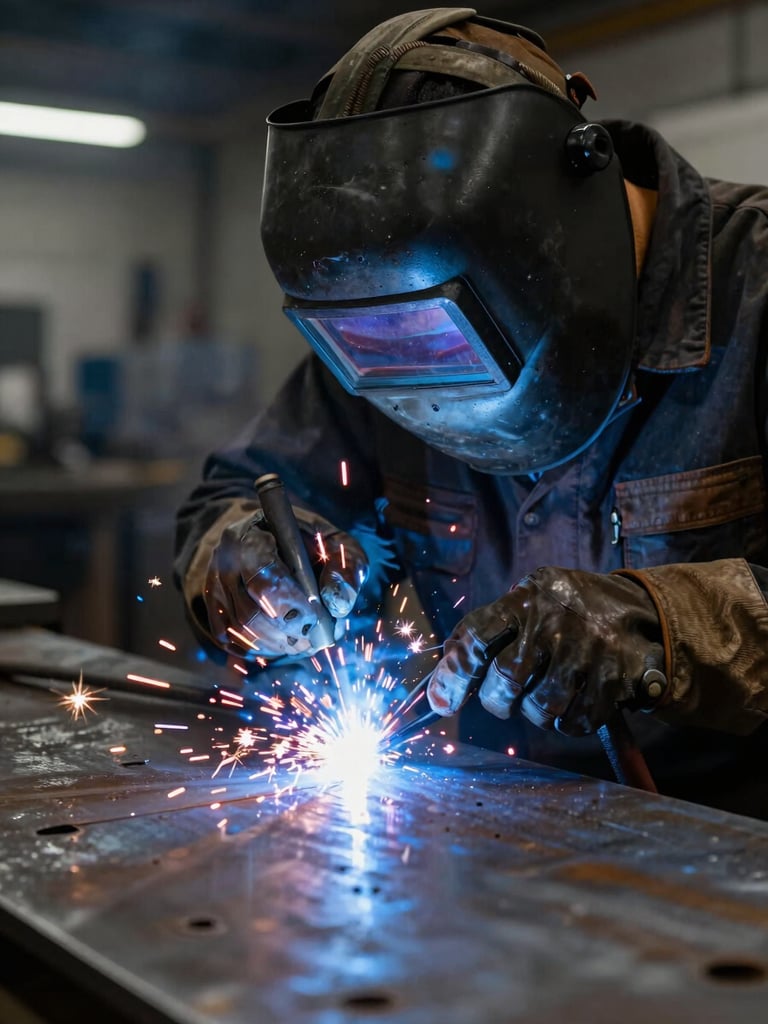 Close-up portrait shot of a skilled welder in protective gear, sparks flying from a clean weld bead on a heavy steel plate, dramatic workshop lighting, focused on the intense blue light of the arc.