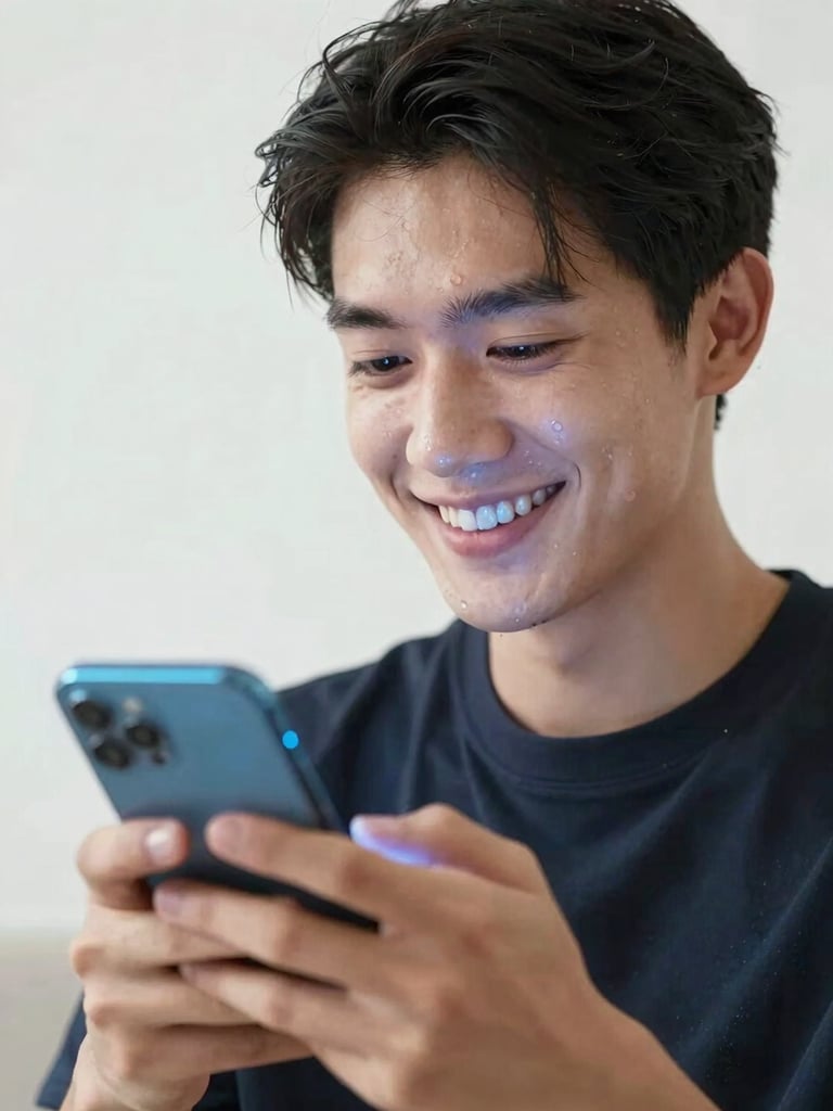 Medium close-up of an ambitious young adult smiling with genuine relief while holding a phone in bright, high-key daylight, electric blue highlights on the glass.