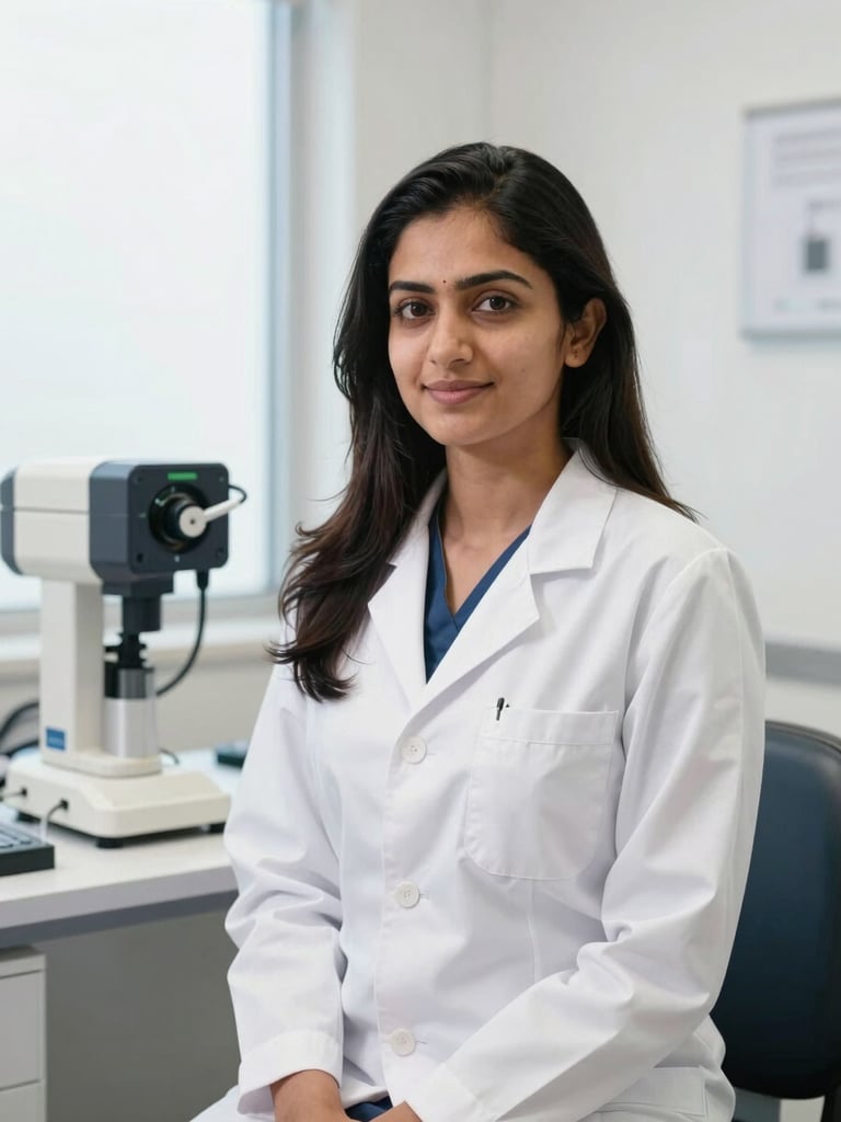 Professional portrait of Rashmi Nataraju in a modern, brightly lit audiology clinic, wearing a white lab coat, with advanced hearing implant technology visible on a desk in the background. Clean, sharp focus, 50mm.