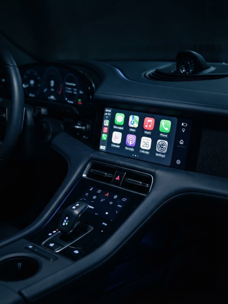Macro shot of a luxury car dashboard, glowing digital touchscreen displaying CarPlay interface, sharp LED accents, dark moody interior lighting, shallow depth of field