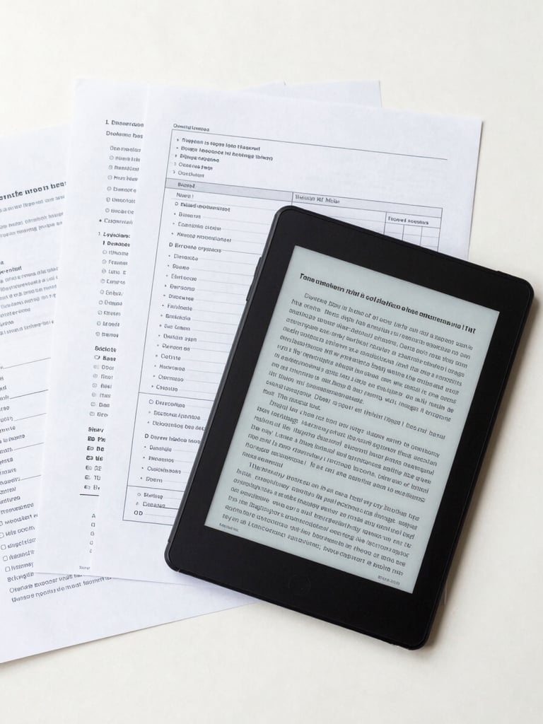Overhead flat lay of editorial planning, featuring a clean workspace with physical manuscripts, editorial notes, and a digital e-reader displaying formatted text.