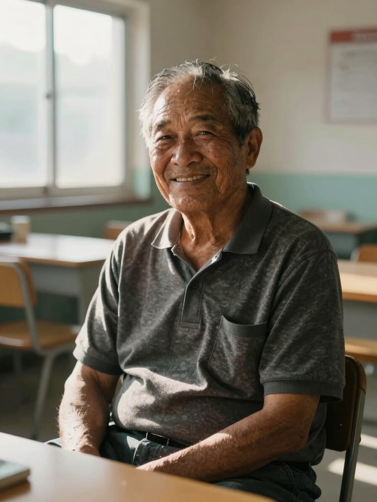 A medium environmental portrait of a local resident smiling warmly in a sunlit Warren community room, natural morning light, high contrast, non-clinical setting.