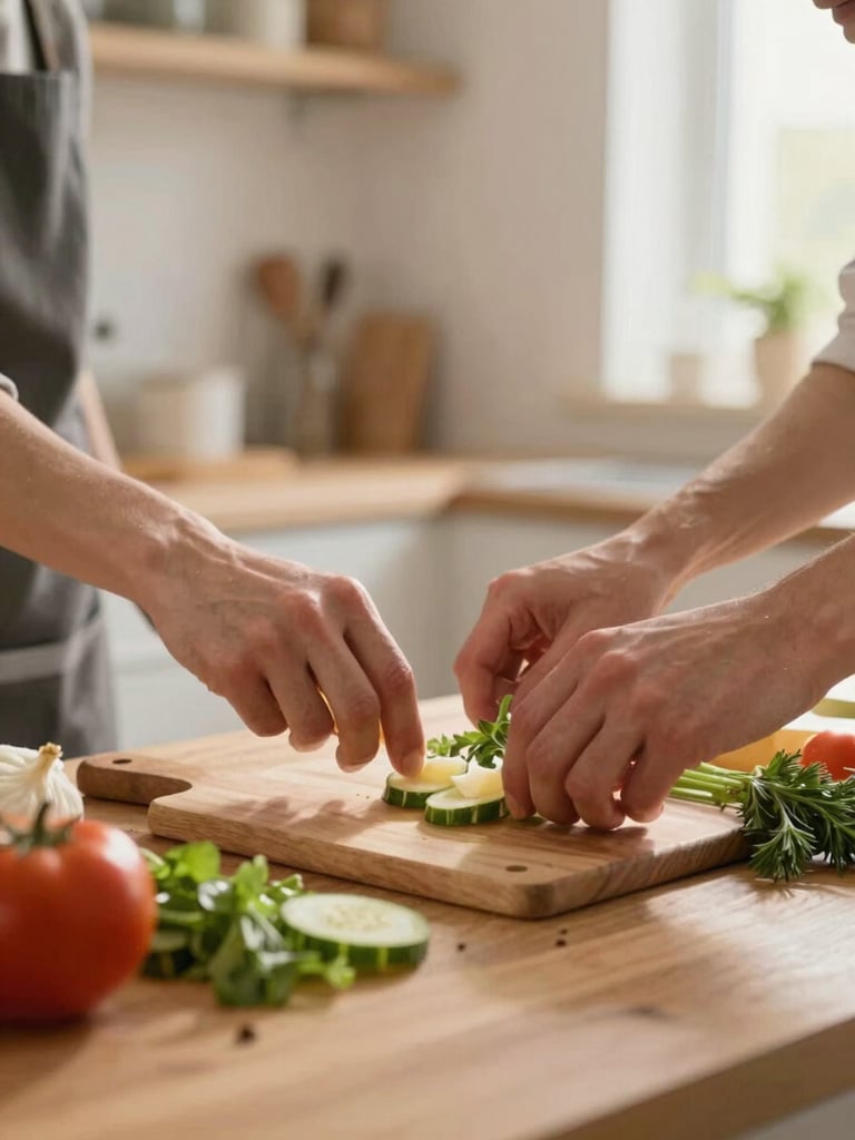 A close-up of hands-on learning in a bright, modern kitchen, warm natural light illuminating fresh ingredients on a wooden counter, emphasizing autonomy.