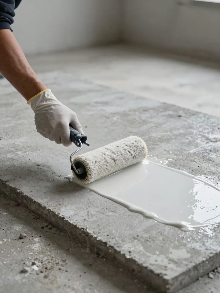 Hands in gloves hand-rolling a clear epoxy primer coat onto a bare concrete slab in an empty residential interior, controlled strobe lighting from the left isolating the wet sheen of fresh primer against the grey substrate, tight mid-angle framing showing the roller and the surface in equal detail