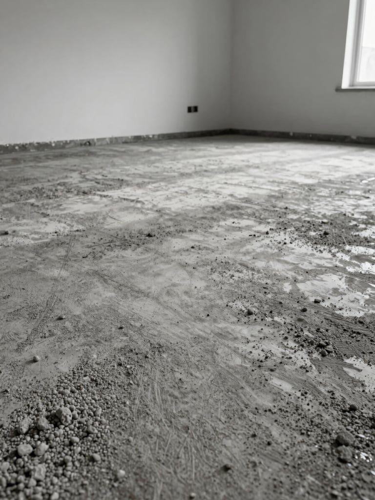 Low-angle close-up of a concrete subfloor being mechanically ground and profiled in an empty residential room, controlled studio strobe lighting raking across the surface to reveal every pore and imperfection, bare walls, no furniture, precise industrial equipment in frame