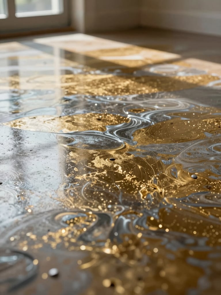 Extreme close-up of a freshly sealed residential epoxy floor surface in a luxury home, natural light raking across from a window at left, revealing the epoxy's glassy depth and metallic fleck detail, color shifting between warm gold and cool silver tones, no people, no objects, surface fills the entire frame